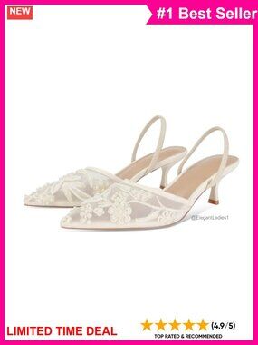 Embroidered Mesh Kitten Heel Slingback Sandals Pointed Toe Pearl Bridal Wedding